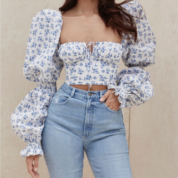 HOUSE OF CB 'Millicent' Blue Print Cropped Corset Top - Picture 3 of 13